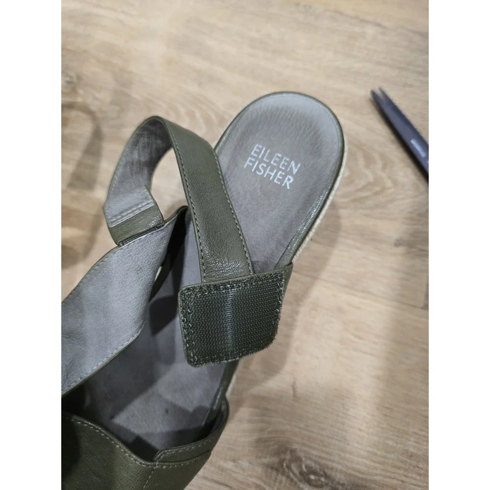 EILEEN FISHER Women's Size 8 Olive Green Leather‎ Espadrille Wedge Sandals